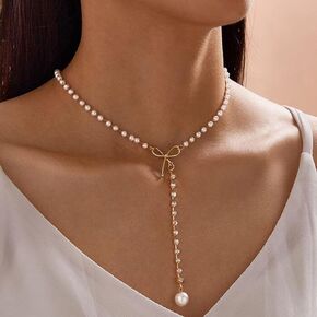 Crystal Pearl Pendent Necklace Gold Y Lariat Necklaces Bow Pearl Choker Necklace Rhinestone Pearl Chain Necklace Jewelry for Women and Girls