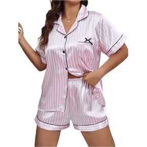WDIRARA Women's Plus Size 2 Piece Satin Striped Print PJ Set Button Front Collared Neck Tee Top & Shorts Sleepwear Set