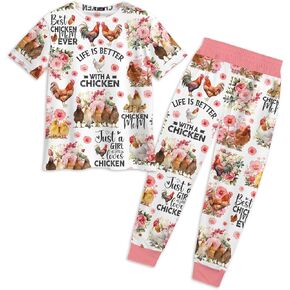 Farm Animal Print Women's Pajama Set, Cute Short Sleeve Sleepwear and Long Pants for Adult