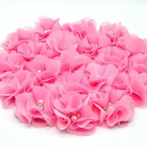 20Pcs Pink Chiffon Flowers Chiffon Flowers with Rhinestone Pearls for DIY Craft Gift Wrapping Braid Hair Accessories