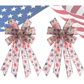 2 PCS Large Wreath Bows Tree Topper Bow, 19.6 * 11.8inch Holiday Bow Patriotic Star and Fireworks Pattern Bow for American Flag Wreath Bow for Front Door Indoor Outdoor Labor Day Holiday Party Decor
