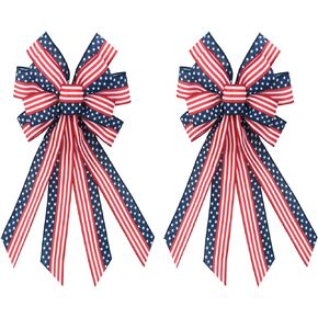 2 PCS Large Wreath Bows Tree Topper Bow, 19.6 * 11.8inch Holiday Bow Patriotic Star and Fireworks Pattern Bow for American Flag Wreath Bow for Front Door Indoor Outdoor Labor Day Holiday Party Decor