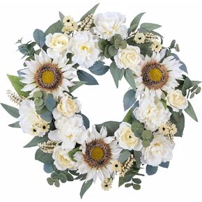 24 inch Summer Wreath for Front Door - Handcrafted Artificial White Sunflower, Peony, and Rose Wreath - Large Flowers Wreath for Home Door, Porch, Window for Spring, Summer, Fall, All Seasons