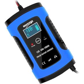 12V Smart Battery Charger with Temperature Compensation, Pulse Repairer, Battery Maintainer, Short Circuit Protection, Silent and Safe, Suitable for Lawn Mower, Car, Motorcycle Battery