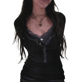 Women Lace Patchwork Knitted Long Sleeve Top Fairy Grunge Clothes Slim Fit Y2k Aesthetic Top Streetwear
