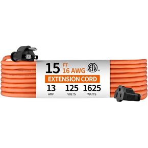 25ft 16AWG Outdoor Extension Cord, Indoor/Outdoor 25-Foot SJTW 16/3 Gauge Extension Cable with Durable Weatherproof PVC Vinyl Jacket, 3-Prong Grounded Plug, ETL Certified 13A 1625W, Orange