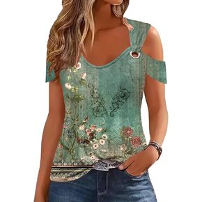 Women's Summer Tops Cold Shoulder Tops 2024 Fashion Sexy Casual Top Short Sleeve Basic Tees Blouse