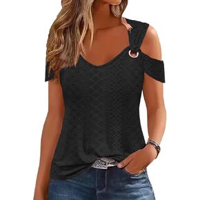 Women's Summer Tops Cold Shoulder Tops 2024 Fashion Sexy Casual Top Short Sleeve Basic Tees Blouse