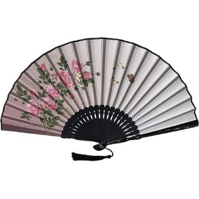 FANSOF.FANS Ink Art Handheld Folding Fan with a Fabric Pouch for Women Girls Black and White with Silver Touch Up Durable Folding Fabric Hand Fan