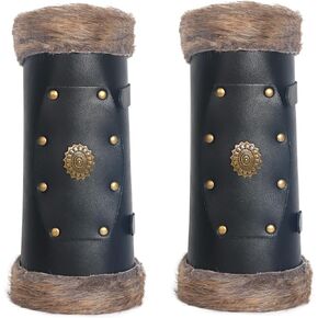 Joukavor Faux Fur Viking Leather Bracers Medieval Arm Guards Gauntlets Wristbands for Women Men LARP Accessories, One Pair