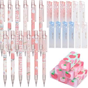 30 Pcs Kawaii Peach Mechanical Pencil Set Include 12 Mechanical Pencils 6 Cute Peach Erasers 12 Tube HB Pencil Refills First Day of School Back to School Gift for Kids Student(0.7mm)