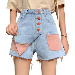 المرأة عالية الخصر خمر زر الجبهة الدنيم Skort السراويل الصيف اللون كتلة جينس قصير مع جيوب in Kuwait