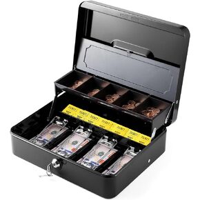 WOT I Cash Box with Money Tray, Steel Money Box with Key Lock, 11.8"L x 9.5"W Cash Lock Box with Tray Cover / 5 Coin Trays / 4 Bill Slots / 2 Keys - Green