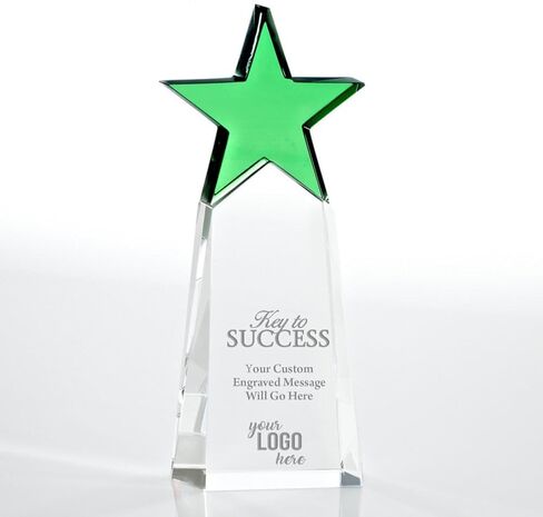 Engraved Trophy - Crystal - Tower with Star on Top - Award for Employees - Personalized Engraving Up to Four Lines and Pre-Written Verse Selection - Comes in Gift Box in Saudi Arabia