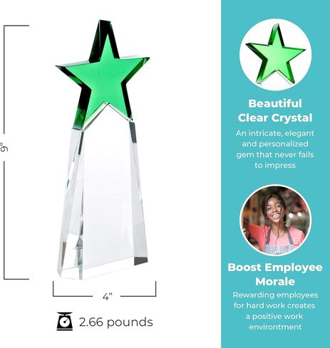 Engraved Trophy - Crystal - Tower with Star on Top - Award for Employees - Personalized Engraving Up to Four Lines and Pre-Written Verse Selection - Comes in Gift Box in Saudi Arabia