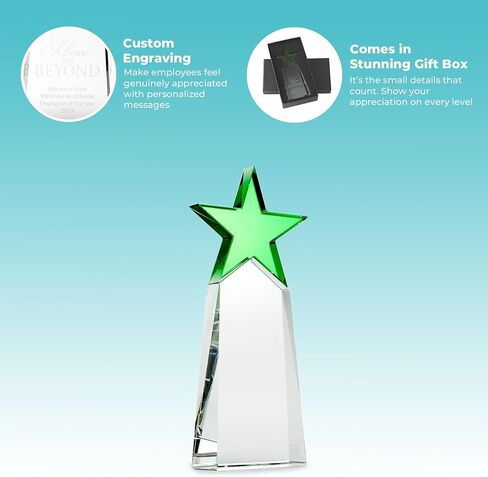 Engraved Trophy - Crystal - Tower with Star on Top - Award for Employees - Personalized Engraving Up to Four Lines and Pre-Written Verse Selection - Comes in Gift Box in Saudi Arabia