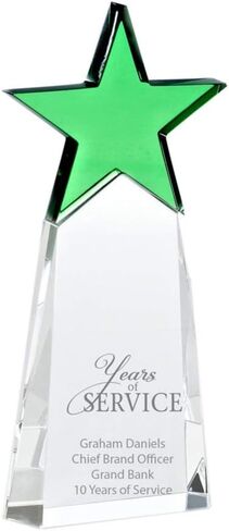 Engraved Trophy - Crystal - Tower with Star on Top - Award for Employees - Personalized Engraving Up to Four Lines and Pre-Written Verse Selection - Comes in Gift Box in Saudi Arabia