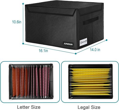 صندوق ملفات، صندوق منظم لتخزين الملفات مقاوم للحريق مع غطاء، صندوق تخزين ملفات قابل للطي مع مقبض، خزانة صندوق تخزين آمنة محمولة لمجلد تعليق قانوني بحجم الحروف، أسود in Kuwait