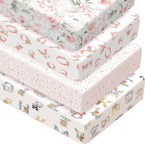 Peryiter 4 Pack Crib Sheets for Girls, Floral Crib Sheet Fitted Baby Bed Sheet Set, Standard Size Crib Mattress, 52'' x 28'', Floral Number Nursery Decor, 4 Pack, Pink, White in Saudi Arabia