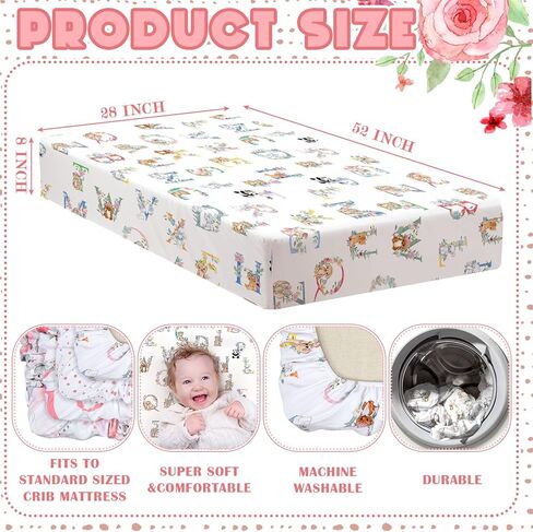 Peryiter 4 Pack Crib Sheets for Girls, Floral Crib Sheet Fitted Baby Bed Sheet Set, Standard Size Crib Mattress, 52'' x 28'', Floral Number Nursery Decor, 4 Pack, Pink, White in Saudi Arabia