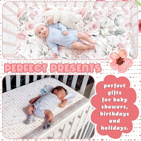 Peryiter 4 Pack Crib Sheets for Girls, Floral Crib Sheet Fitted Baby Bed Sheet Set, Standard Size Crib Mattress, 52'' x 28'', Floral Number Nursery Decor, 4 Pack, Pink, White in Saudi Arabia