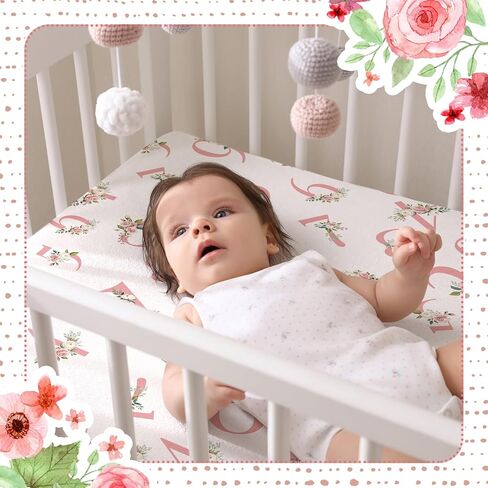 Peryiter 4 Pack Crib Sheets for Girls, Floral Crib Sheet Fitted Baby Bed Sheet Set, Standard Size Crib Mattress, 52'' x 28'', Floral Number Nursery Decor, 4 Pack, Pink, White in Saudi Arabia