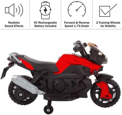 دراجة نارية للأطفال - ركوب كهربائي مع عجلات تدريب ووظيفة عكسية - دراجة نارية بقوة بطارية 6 فولت للأطفال من سن 3 إلى 6 سنوات من ليل رايدر (أحمر) in Kuwait
