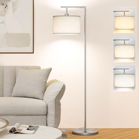 Floor Lamp for Living Room with 3 Color Temperatures Standing Lamp with Adjustable Beige Linen Lampshade Tall Lamps for Bedroom Office Classroom Dorm Room, 9W LED Bulb Included, Silver in Kuwait