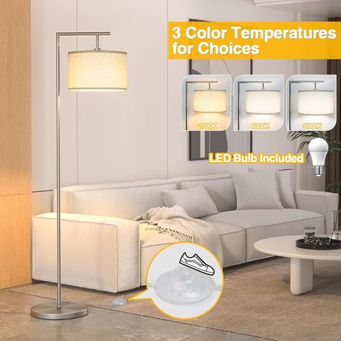 Floor Lamp for Living Room with 3 Color Temperatures Standing Lamp with Adjustable Beige Linen Lampshade Tall Lamps for Bedroom Office Classroom Dorm Room, 9W LED Bulb Included, Silver in Kuwait