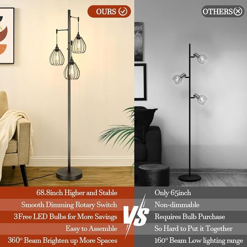 مصباح أرضي قابل للتعتيم، مصباح قائم صناعي للمزرعة مع 3 قطع لمبات LED 7 وات و3 رؤوس قفص دمعة أنيقة خفيفة، مصابيح عمود عتيقة طويلة على شكل شجرة ريفية سوداء لغرفة المعيشة وغرفة النوم والمكتب in Kuwait