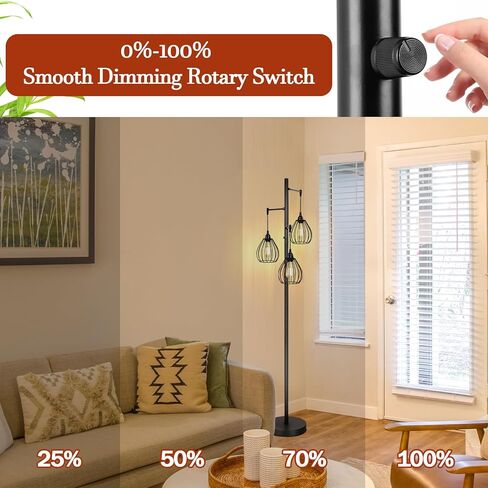 مصباح أرضي قابل للتعتيم، مصباح قائم صناعي للمزرعة مع 3 قطع لمبات LED 7 وات و3 رؤوس قفص دمعة أنيقة خفيفة، مصابيح عمود عتيقة طويلة على شكل شجرة ريفية سوداء لغرفة المعيشة وغرفة النوم والمكتب in Kuwait