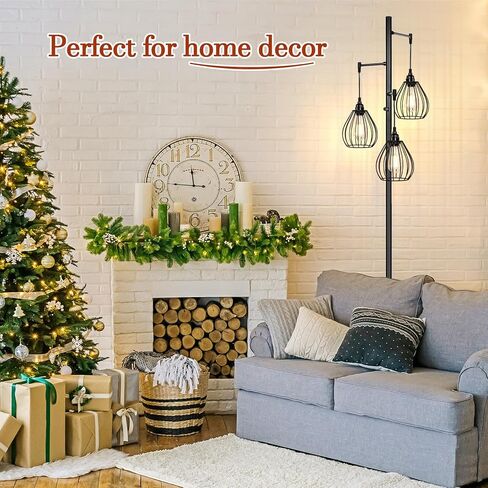 مصباح أرضي قابل للتعتيم، مصباح قائم صناعي للمزرعة مع 3 قطع لمبات LED 7 وات و3 رؤوس قفص دمعة أنيقة خفيفة، مصابيح عمود عتيقة طويلة على شكل شجرة ريفية سوداء لغرفة المعيشة وغرفة النوم والمكتب in Kuwait