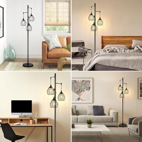 مصباح أرضي قابل للتعتيم، مصباح قائم صناعي للمزرعة مع 3 قطع لمبات LED 7 وات و3 رؤوس قفص دمعة أنيقة خفيفة، مصابيح عمود عتيقة طويلة على شكل شجرة ريفية سوداء لغرفة المعيشة وغرفة النوم والمكتب in Kuwait