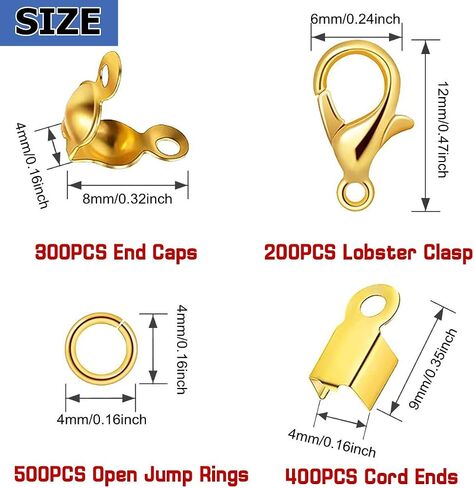 1400PCS Jewelry Making Accessories Set with 300 Bead Crimp Covers, 400 Fold Over Cord End Caps, 500 Open Jump Rings and 200 Lobster Claw Clasps DIY Jewelry Making Supplies Bracelets (Gold) in Saudi Arabia