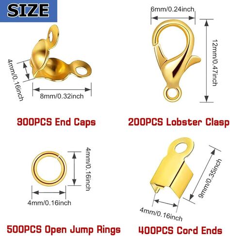 مجموعة إكسسوارات صناعة المجوهرات مكونة من 1400 قطعة مع 300 غطاء مجعد من الخرز، و400 غطاء طرفي قابل للطي، و500 حلقة قفز مفتوحة و200 مشبك مخلب جراد البحر، وأساور مستلزمات صناعة المجوهرات بنفسك (ذهبي) in Kuwait