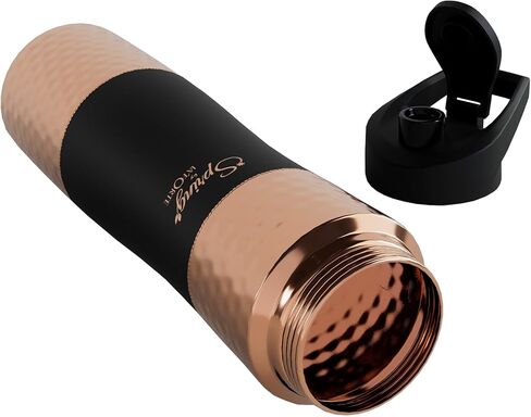 زجاجة مياه من النحاس النقي سبرينج مع غطاء قلاب علوي، طلاء مطاطي من السيليكون الفاخر (750 مل) أسود، عبوة من زجاجة واحدة (ذهبي أسود 750) in Kuwait