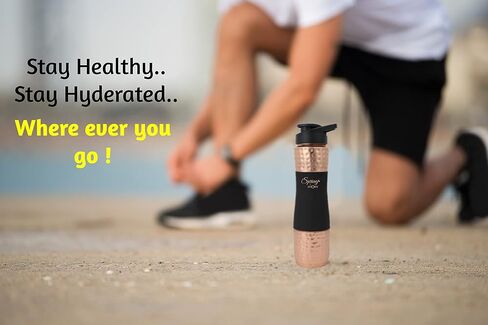 زجاجة مياه من النحاس النقي سبرينج مع غطاء قلاب علوي، طلاء مطاطي من السيليكون الفاخر (750 مل) أسود، عبوة من زجاجة واحدة (ذهبي أسود 750) in Kuwait