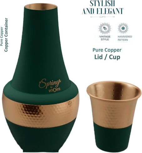 Spring Pure Copper Water Bottle with Flip top Shaker Lid, Premium Silicone Rubberised Coating (750 Ml) Black, Pack of 1 Bottle (Gold Black 750) in Saudi Arabia