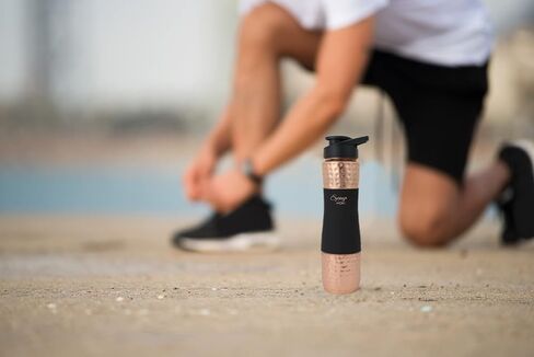 Spring Pure Copper Water Bottle with Flip top Shaker Lid, Premium Silicone Rubberised Coating (750 Ml) Black, Pack of 1 Bottle (Gold Black 750) in Saudi Arabia