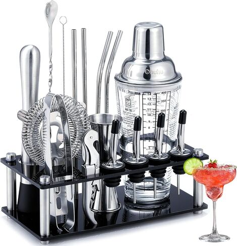 Cocktail Shaker Set, Ohuhu 17-Piece Bartender Kit Bar Tool Set with Acrylic Stand Premium Soda-Lime Glass Drink Shaker with All Bar Accessories for Beginners Home Bar Parties Mothers Day Gifts in Kuwait