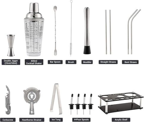 Cocktail Shaker Set, Ohuhu 17-Piece Bartender Kit Bar Tool Set with Acrylic Stand Premium Soda-Lime Glass Drink Shaker with All Bar Accessories for Beginners Home Bar Parties Mothers Day Gifts in Kuwait