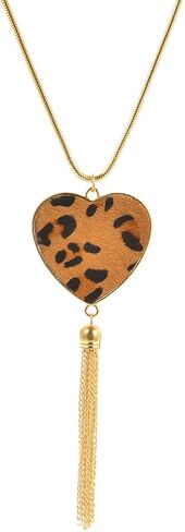 The Woo's Long Necklace for Women Leopard Oval Round Heart Shaped Pendant Necklace Bohemia Fringe Tassel Necklaces Boho Handmade Disk Circle Y Chain Statement Necklace Fashion Jewelry in Kuwait