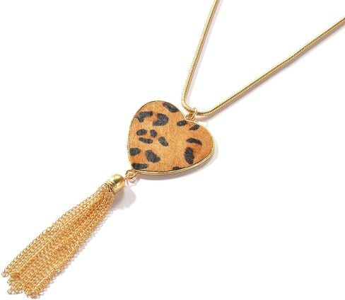 The Woo's Long Necklace for Women Leopard Oval Round Heart Shaped Pendant Necklace Bohemia Fringe Tassel Necklaces Boho Handmade Disk Circle Y Chain Statement Necklace Fashion Jewelry in Kuwait