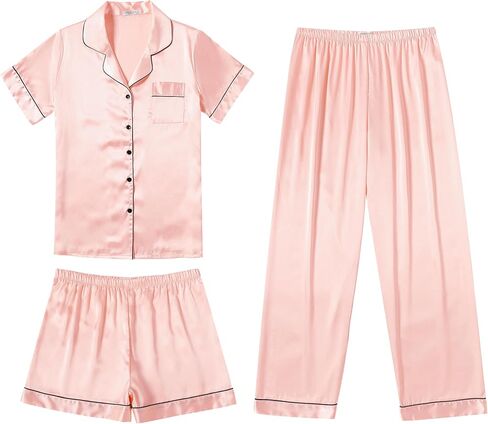 Ekouaer Silk Satin Pajama Set for Women Soft Short Sleeve Button Down Pj Sets 3 Piece Sleepwear Loungewear S-XXL in Saudi Arabia
