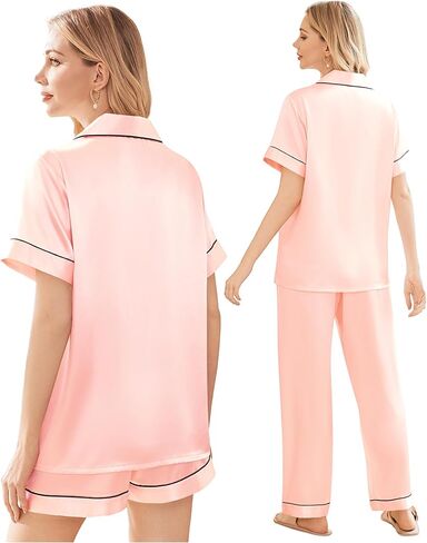 Ekouaer Silk Satin Pajama Set for Women Soft Short Sleeve Button Down Pj Sets 3 Piece Sleepwear Loungewear S-XXL in Saudi Arabia