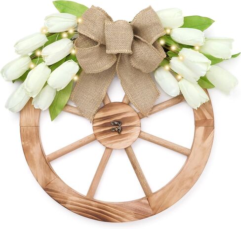Valery Madelyn Tulips Spring Summer Wreaths for Front Door with Lights, 20 Inch Pre-Lit Farmhouse Wooden Wreath with White Artificial Flowers for Rustic Wall Window Home Wedding Anniversary Decor in Saudi Arabia