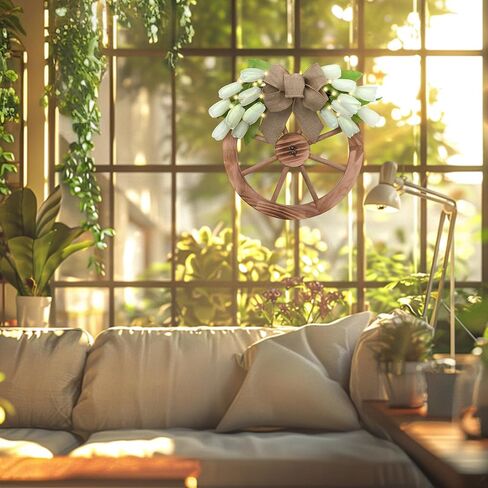 Valery Madelyn Tulips Spring Summer Wreaths for Front Door with Lights, 20 Inch Pre-Lit Farmhouse Wooden Wreath with White Artificial Flowers for Rustic Wall Window Home Wedding Anniversary Decor in Saudi Arabia