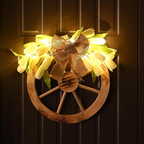 Valery Madelyn Tulips Spring Summer Wreaths for Front Door with Lights, 20 Inch Pre-Lit Farmhouse Wooden Wreath with White Artificial Flowers for Rustic Wall Window Home Wedding Anniversary Decor in Saudi Arabia
