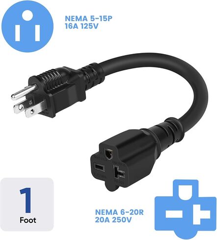 سلك محول شاحن EV، سلك محول طاقة عالي التحمل 12AWG NEMA 5-15P إلى 6-20R EV، قابس منزلي 1 قدم 16 أمبير إلى محول شفرة 6-20R T لشحن المركبات الكهربائية in Kuwait