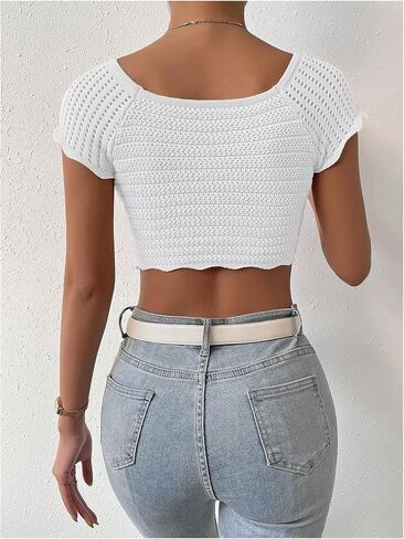 Verdusa Women's Ruched V Neck Cap Sleeve Scalloped Knit Sweater Top in Saudi Arabia